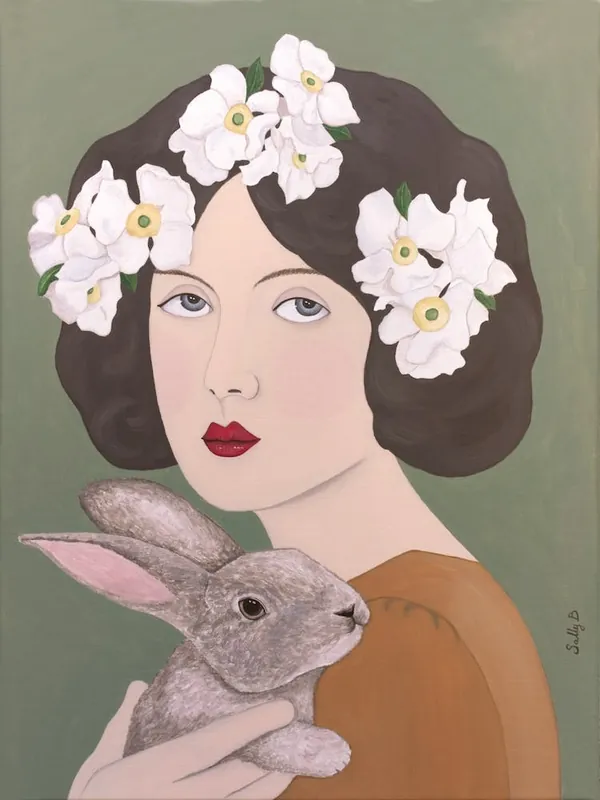 Woman With White Flowers And Rabbit Modern