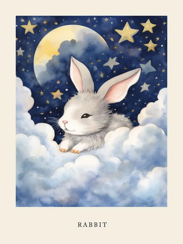 Baby Rabbit 3 Sleeping In The Clouds Nursery Poster High Quality
