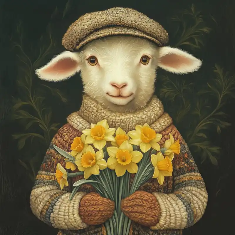 A Sheep Wearing An Old Fashioned Cap And Sweater Holding Daffodils Trending