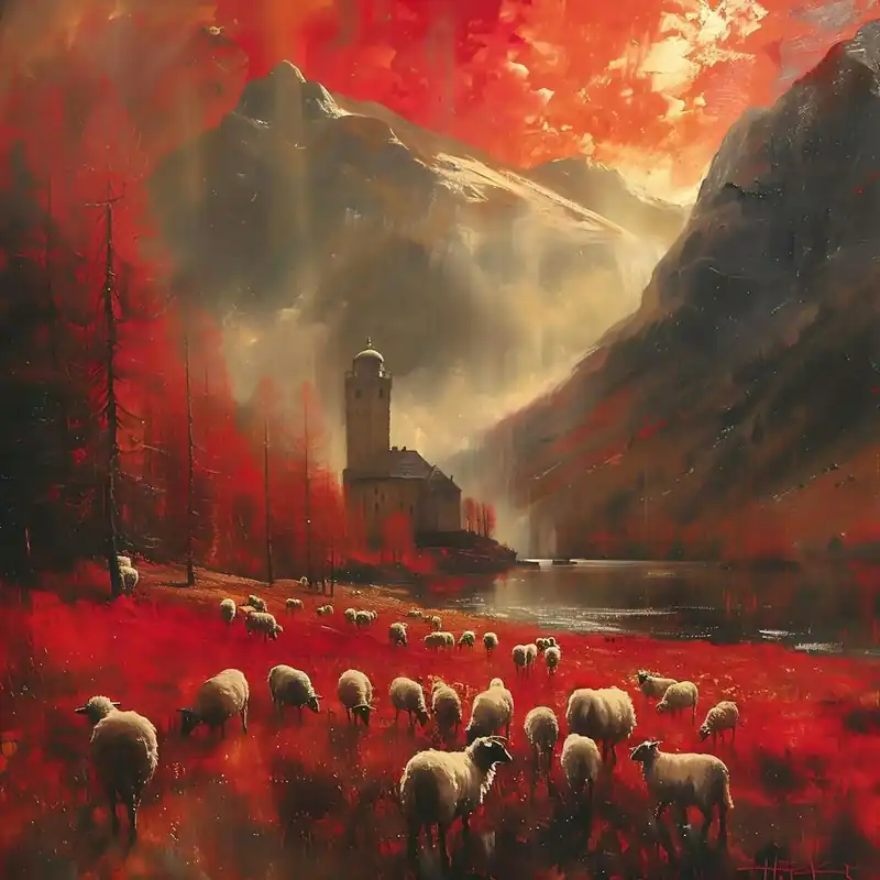 Sheep In The Mountains, In Warm Colors, Impressionism, Surrealism Bulk Order