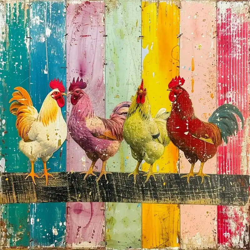 Budget Kitsch Chickens On A Fence Rainbow Collage