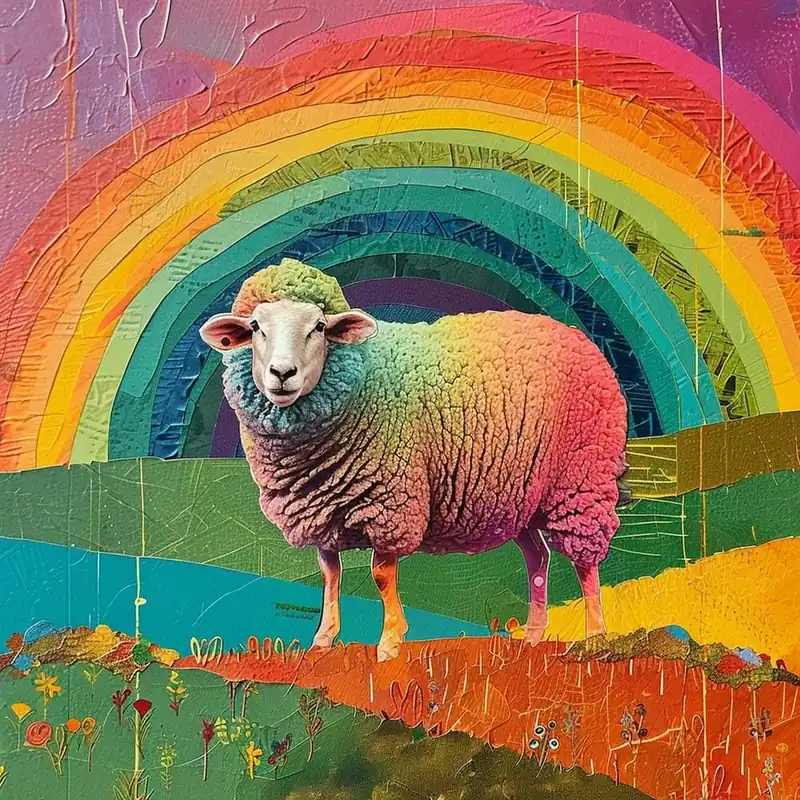 Special Discount Rainbow Sheep Mixed Media Collage
