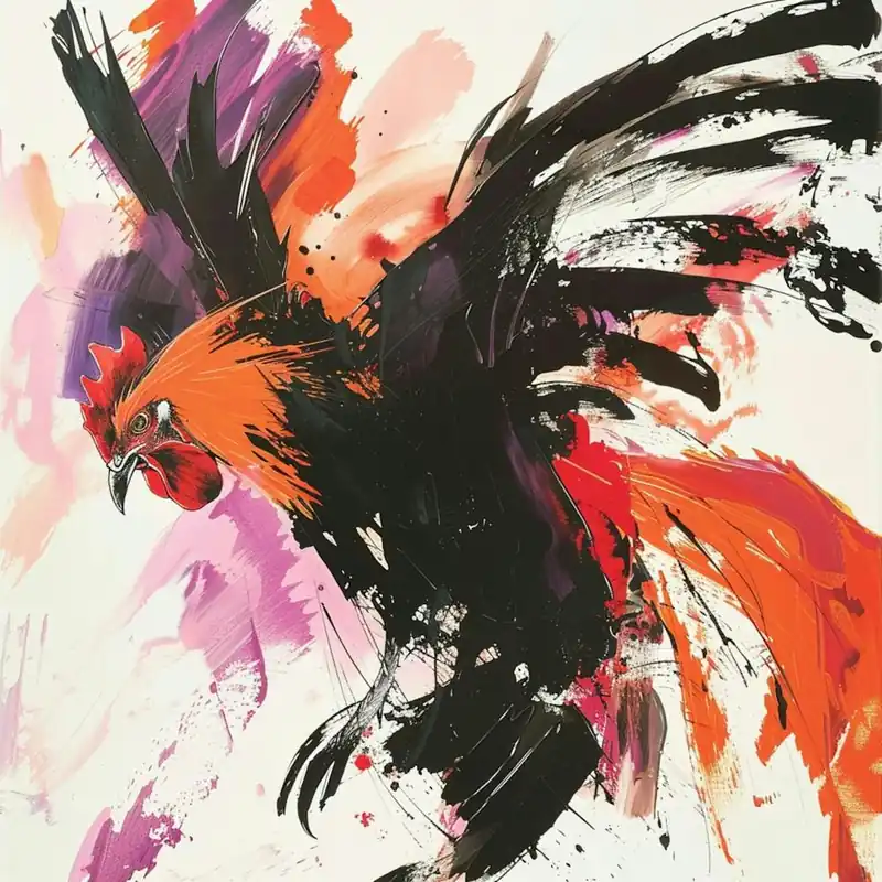 Wholesale A Rooster, Fight, Force, Fierce, Vigor, Convey Action And Movement, Acrylic Illustration, Mexican Color Range, Expressionism, Gestual Strokes, David Downton Style
