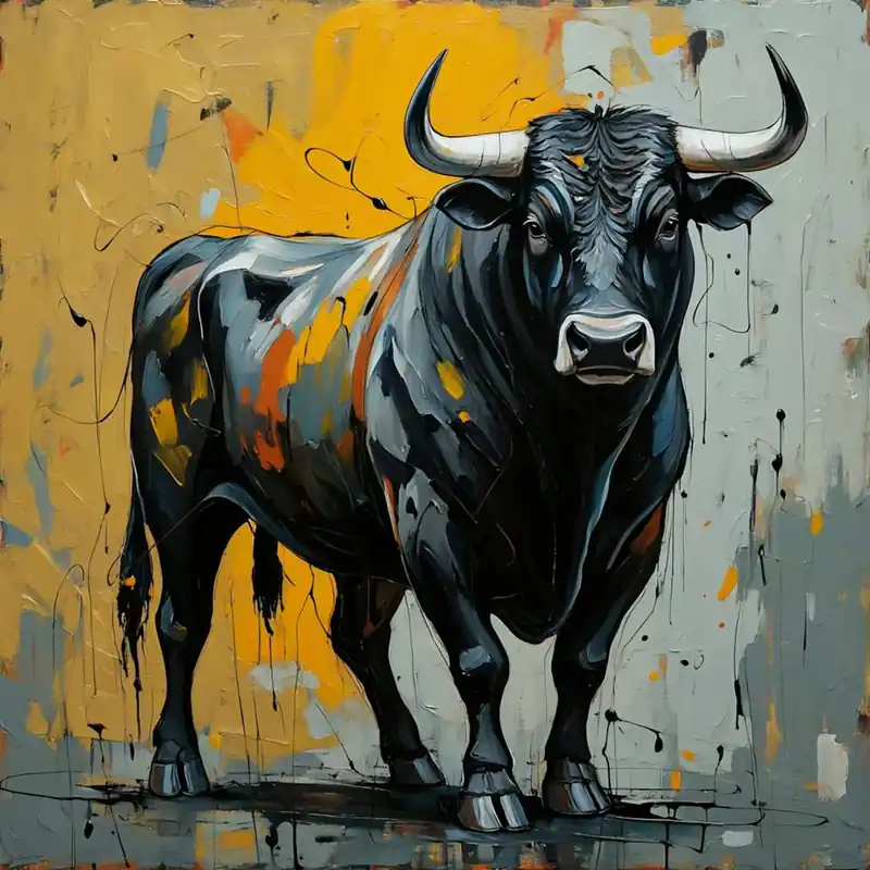 An expressionist painting of a powerful black bull with white horns Special Offer