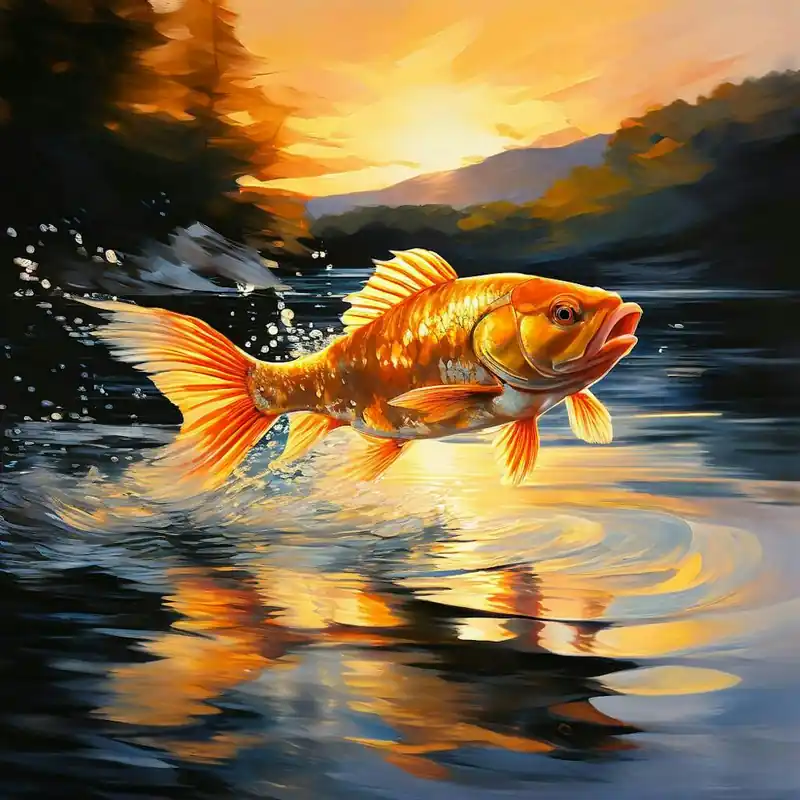 No Minimum Order Golden Fish Sprinting Across The Surface Of A Tranquil Azure Lake Scales Shimmering Casting Undula 114107339