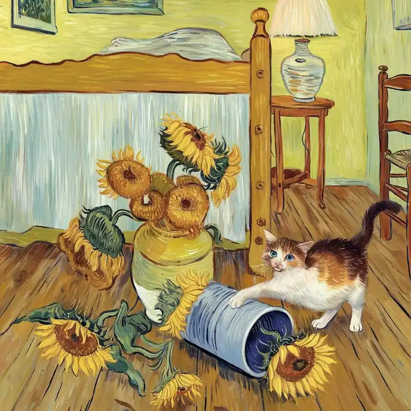 Authentic Cat With Sunflowers and vase
