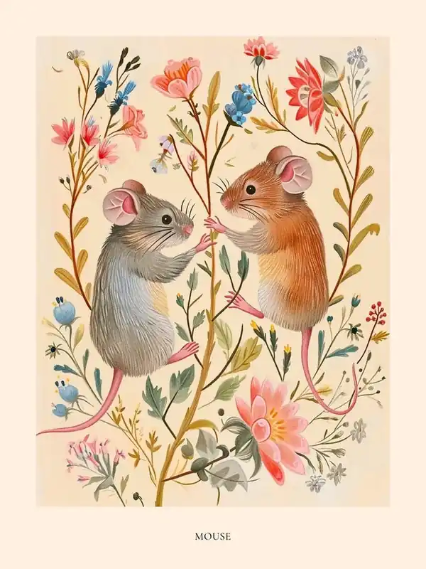 Folksy Floral Animal Drawing Mouse 1 Poster Markdown