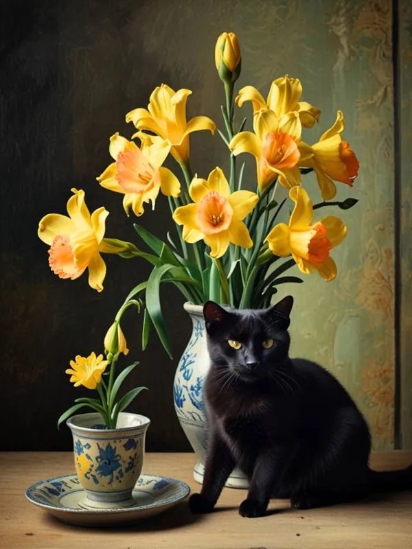 Mega Sale Black Cat With Daffodils 1